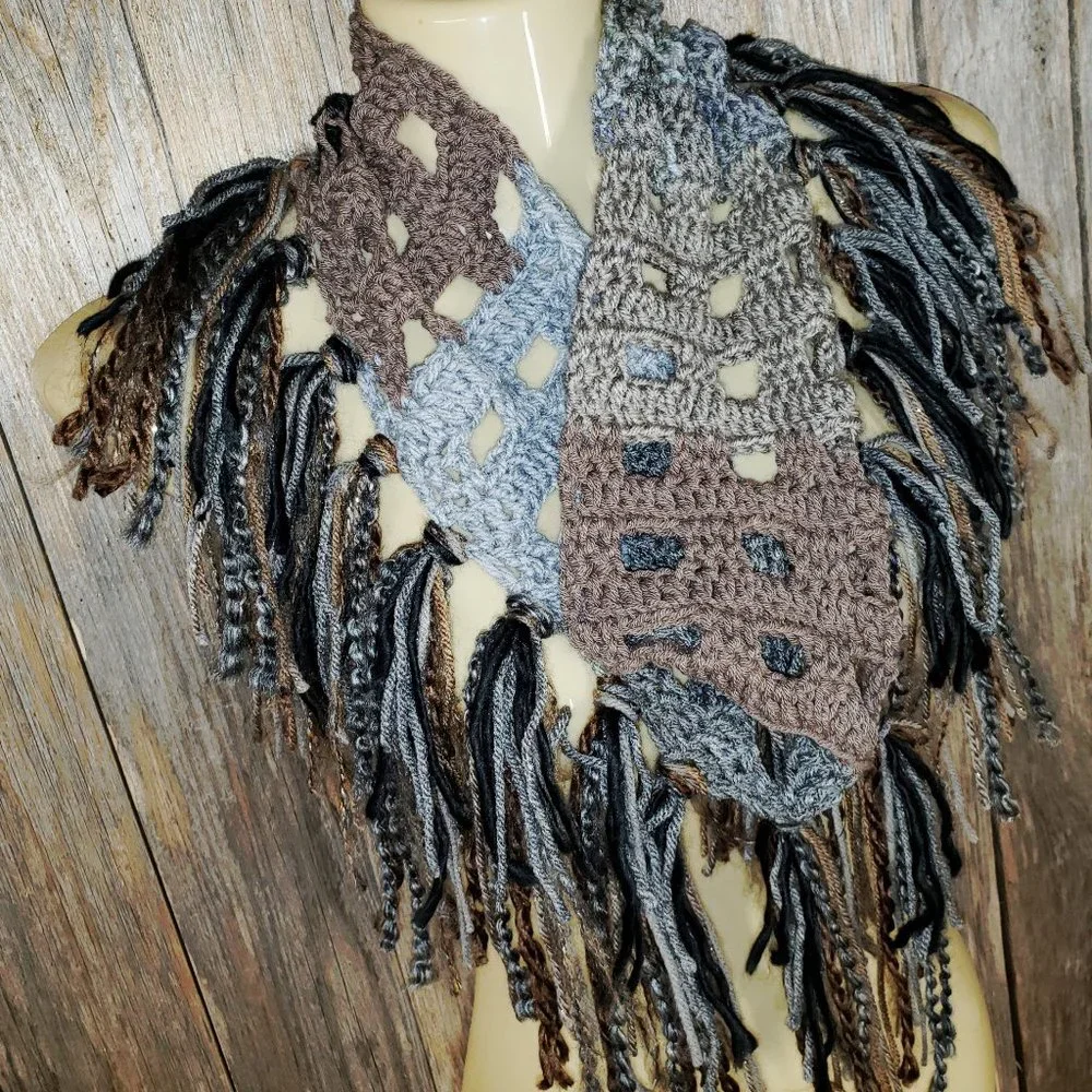 NEW Hand Crochet Gray Taupe Black Cowl Scarf‎ Boho Fringe Hippie Fairy Grunge